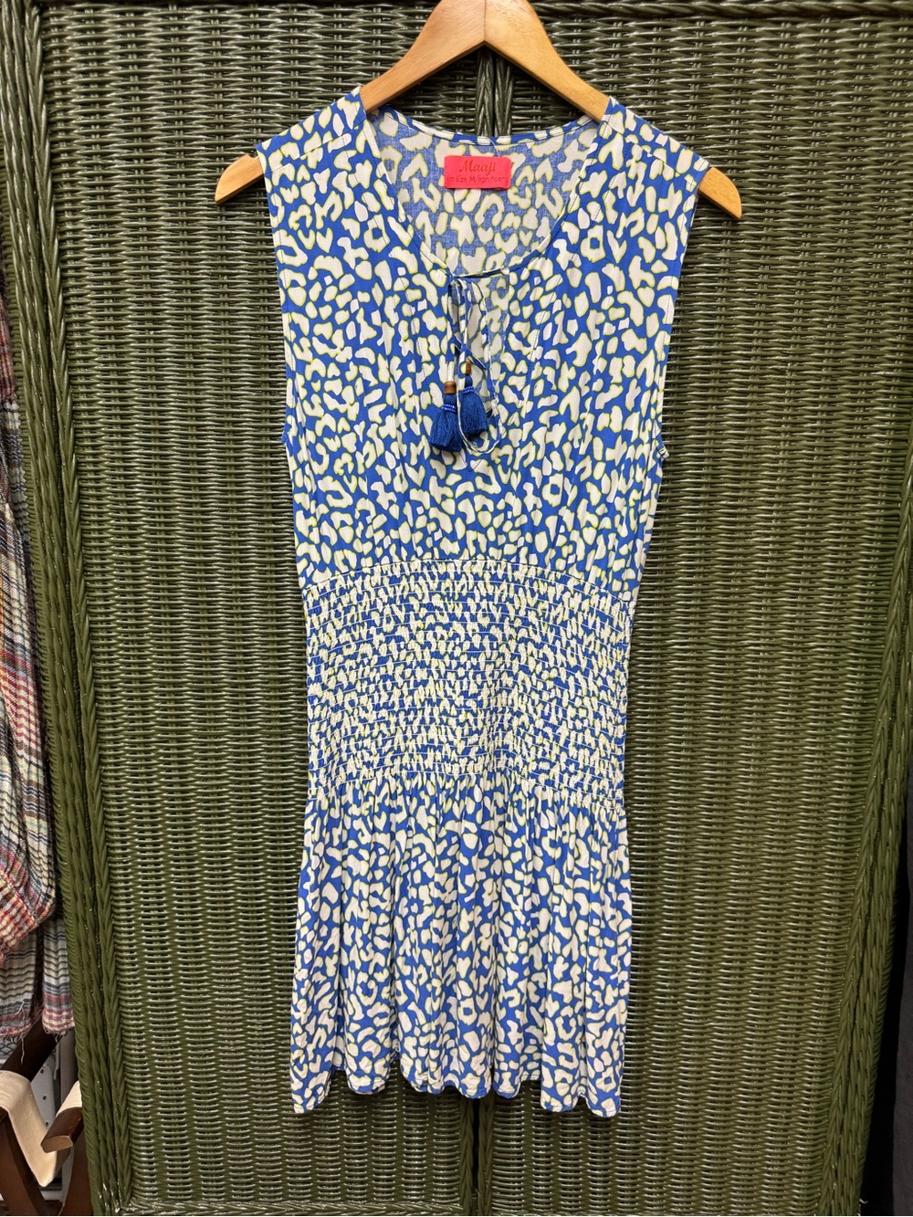 Maaji Blue Leopard Animal Print Smocked Swim Cover Up Mini Dress Size M